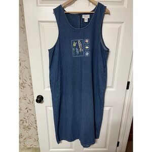 Westbound II Denim Floral Embroidered Pinafore Dress Plus Size 1X